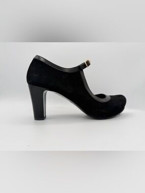 Chie Mihara Black Suede Leather Block Heel Mary Jane Pump Retro Academia  39.5